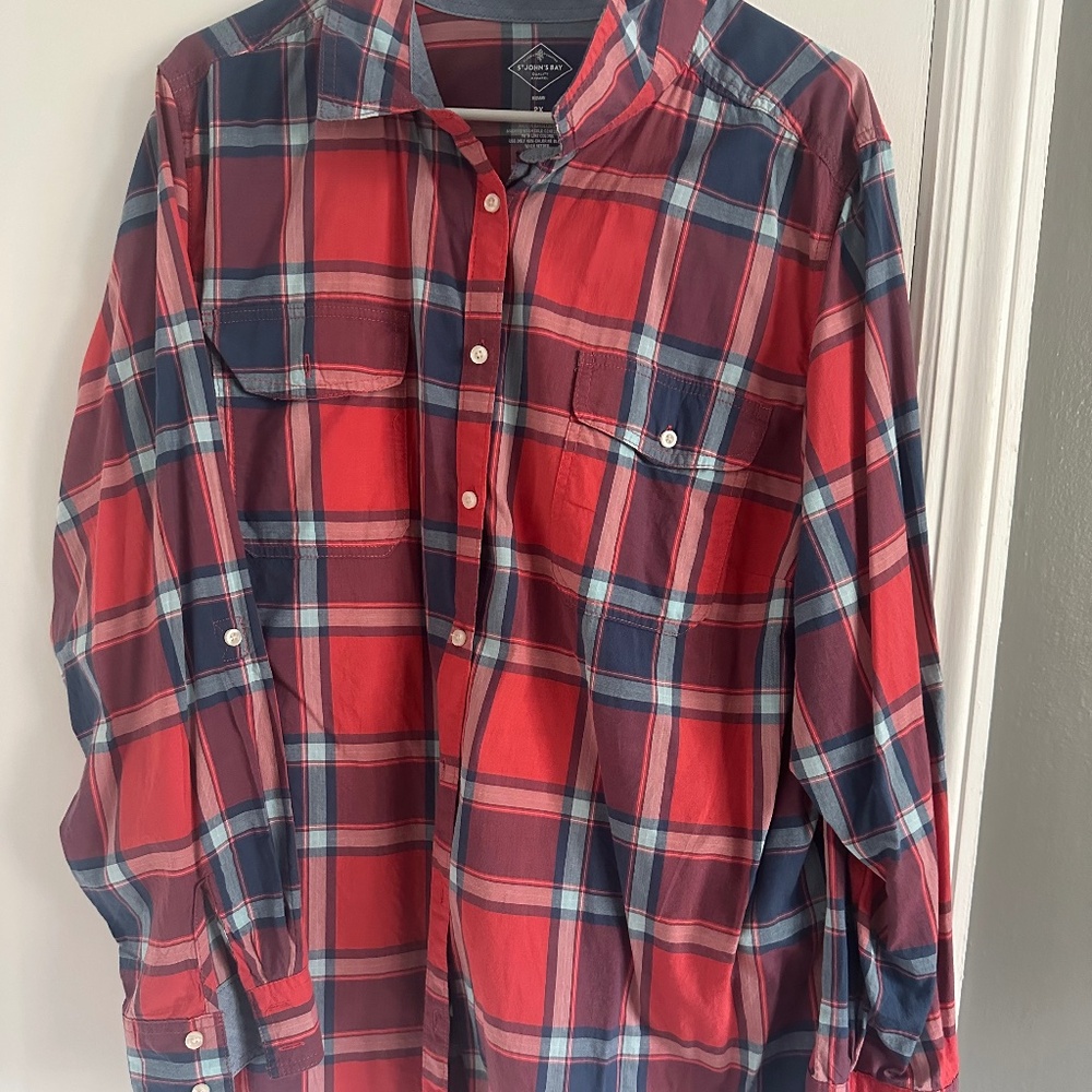 St Johns Bay Women 2X red and blue flannel long sleeve shirt(047)